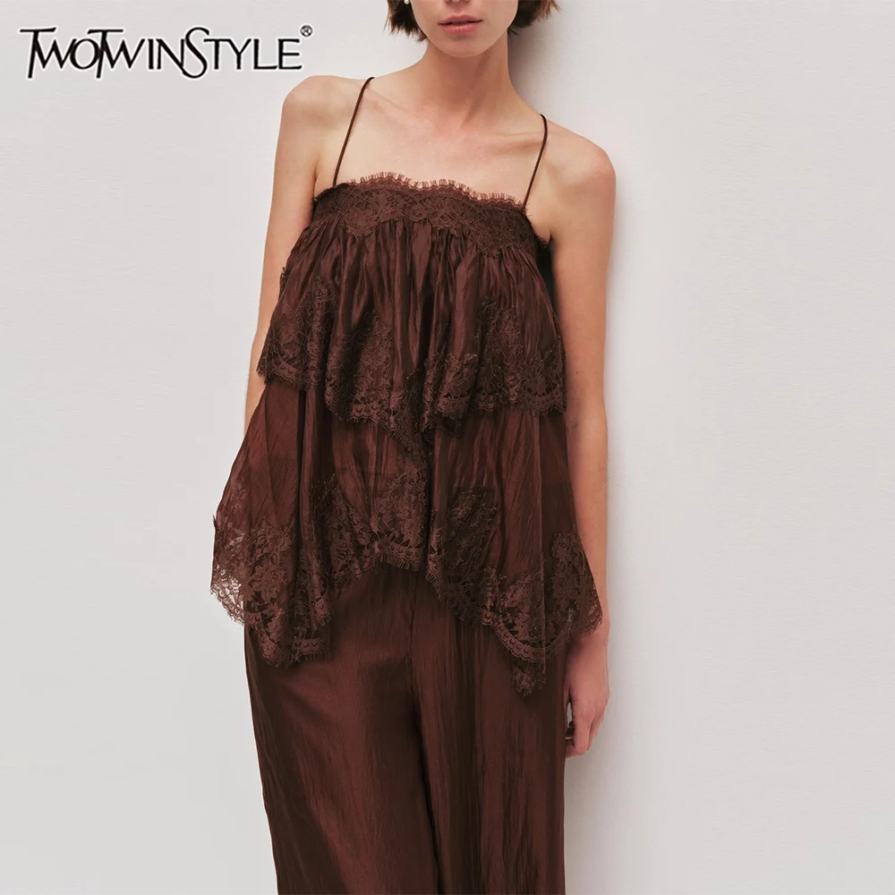 

Блузки TWOTWINSTYLE без рукавов с прозрачным кружевом для женщин, с квадратным вырезом, многоярусными оборками и асимметричным подолом, для лета и пляжа