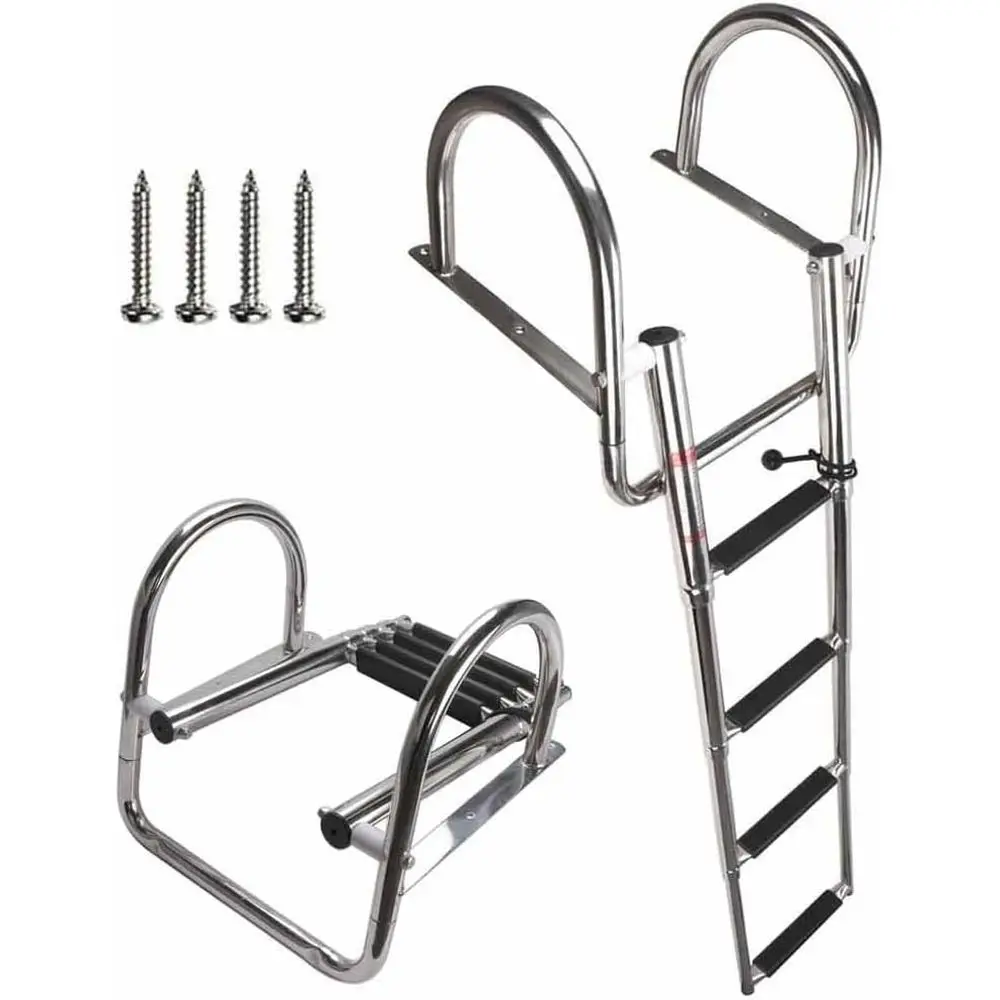 Telescoping Rear Entry Inboard Ladder, Heavy Duty Custom Swim Deck Ladder with Wider Pedal and Handrails (4 Steps)