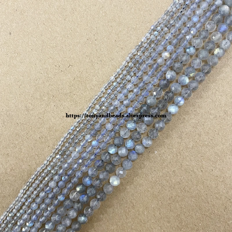 Semi-precious Stone 2 3 4MM Small Diamond Cuts Faceted A Grey Labradorite Round Loose Beads 15\