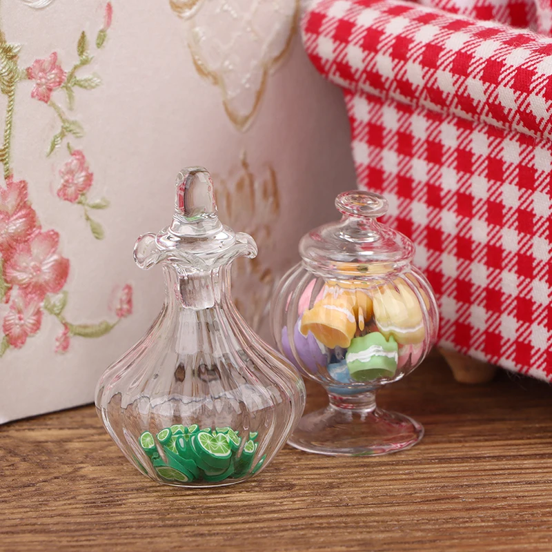 1Pc 1:12 Dollhouse Miniatuur Glazen Pot Snoep Vintage Gestreepte Jar Candy Fles Model Speelgoed Meubels Poppenhuis Decor Accessoires