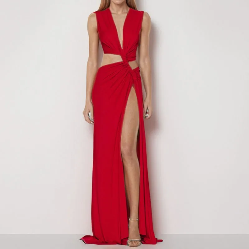 Hollow Out V Neck Dress Low Waist Graceful Commuter with No Button Closure Wrinkle Finish Elegant Long Dress Summer for Women