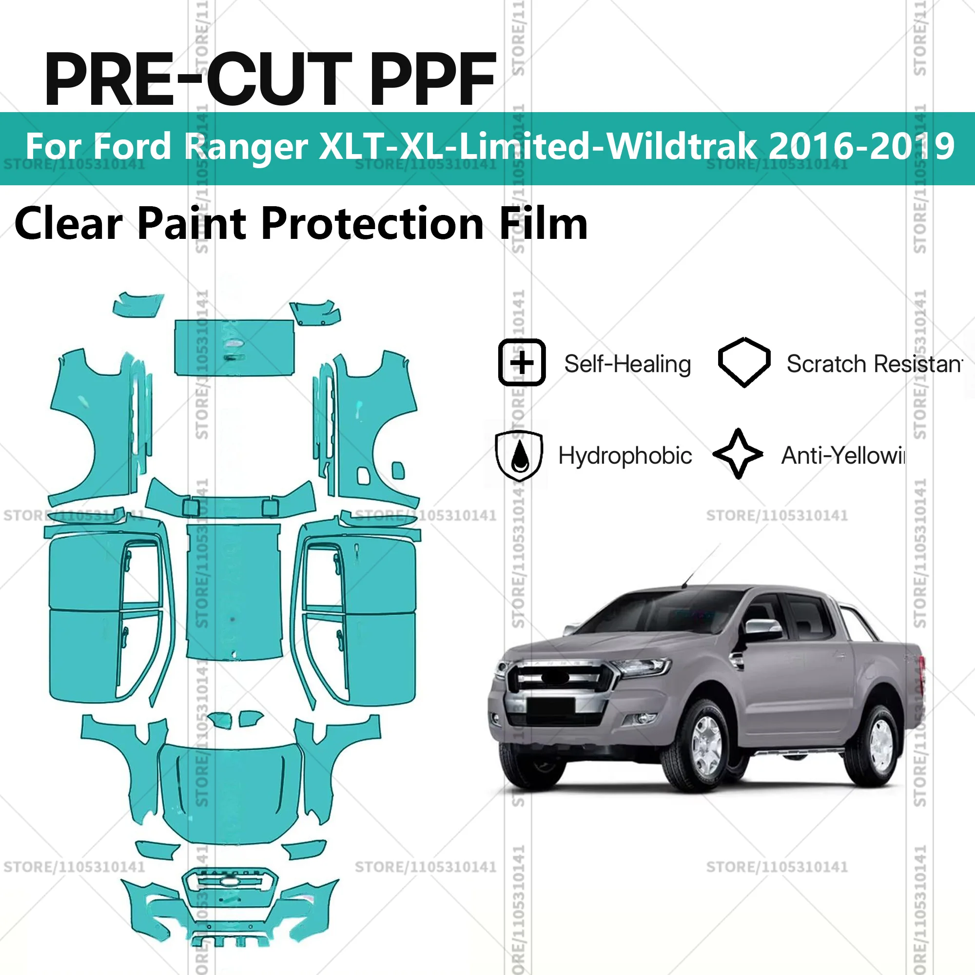 Pre-Cut Paint Protection Film PPF Transparent Car Film Automotive PPF For Ford Ranger XLT-XL-Limited-Wildtrak 2016-2019