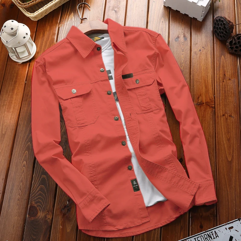 Spring and Autumn Men's Long sleeved Shirt Outdoor Leisure Cycling Sports Solid Color Flip Collar Top Retro Fashion Men's Coat