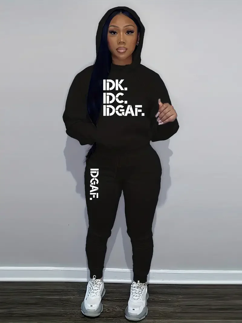 طقم هوديي وهندسي مطبوع بالحروف الهندسية للنساء ، بدلة رياضية أنيقة ، مجموعات أنيقة مع بنطلون ، أساسيات الخريف والشتاء