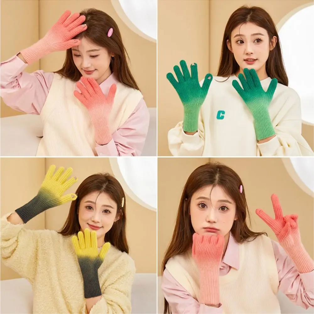 Alpaca Wool Winter Knitted Gloves Cold-Proof Gradient Color Touch Screen Mitten Windproof Breathable Women Gloves Riding