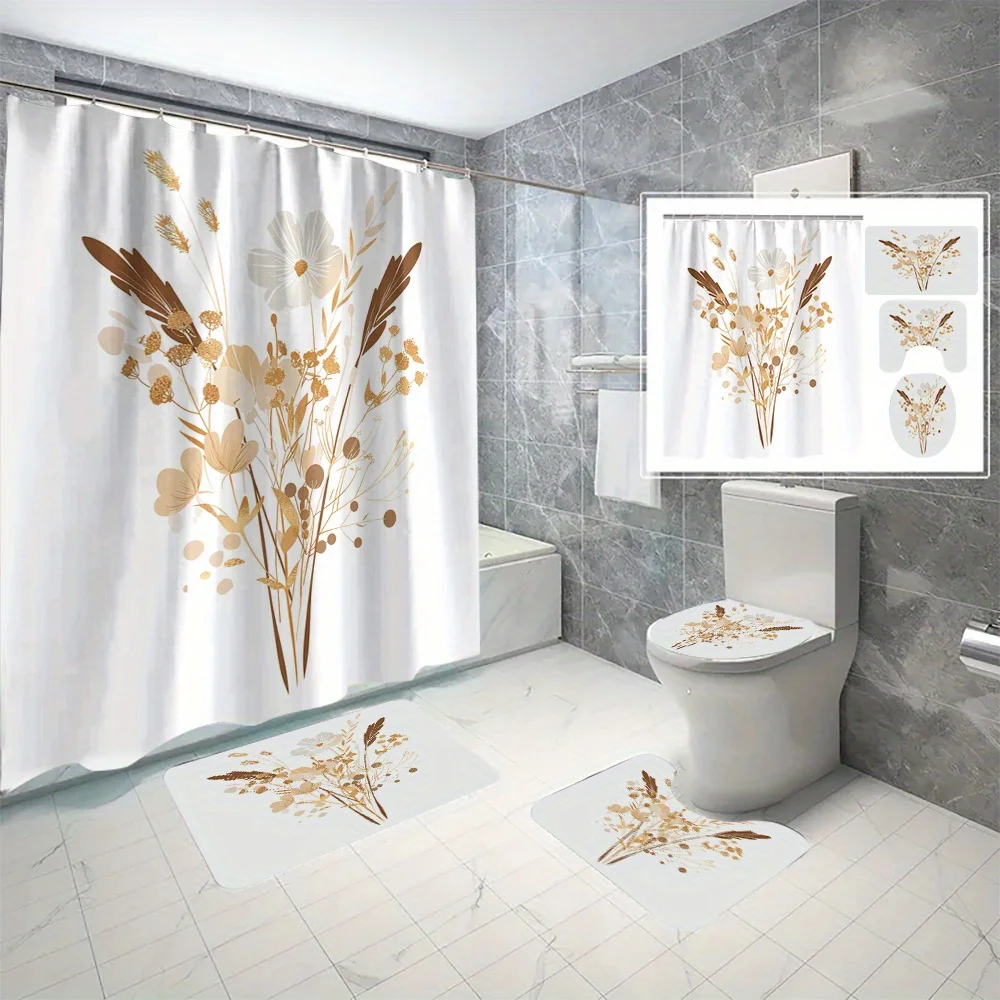 

Набор занавесок для душа с цветочным принтом из 4 предметов с крючками, водонепроницаемая занавеска для ванной из полиэстера, можно стирать в машине, тканый тематический декор с пейзажами
