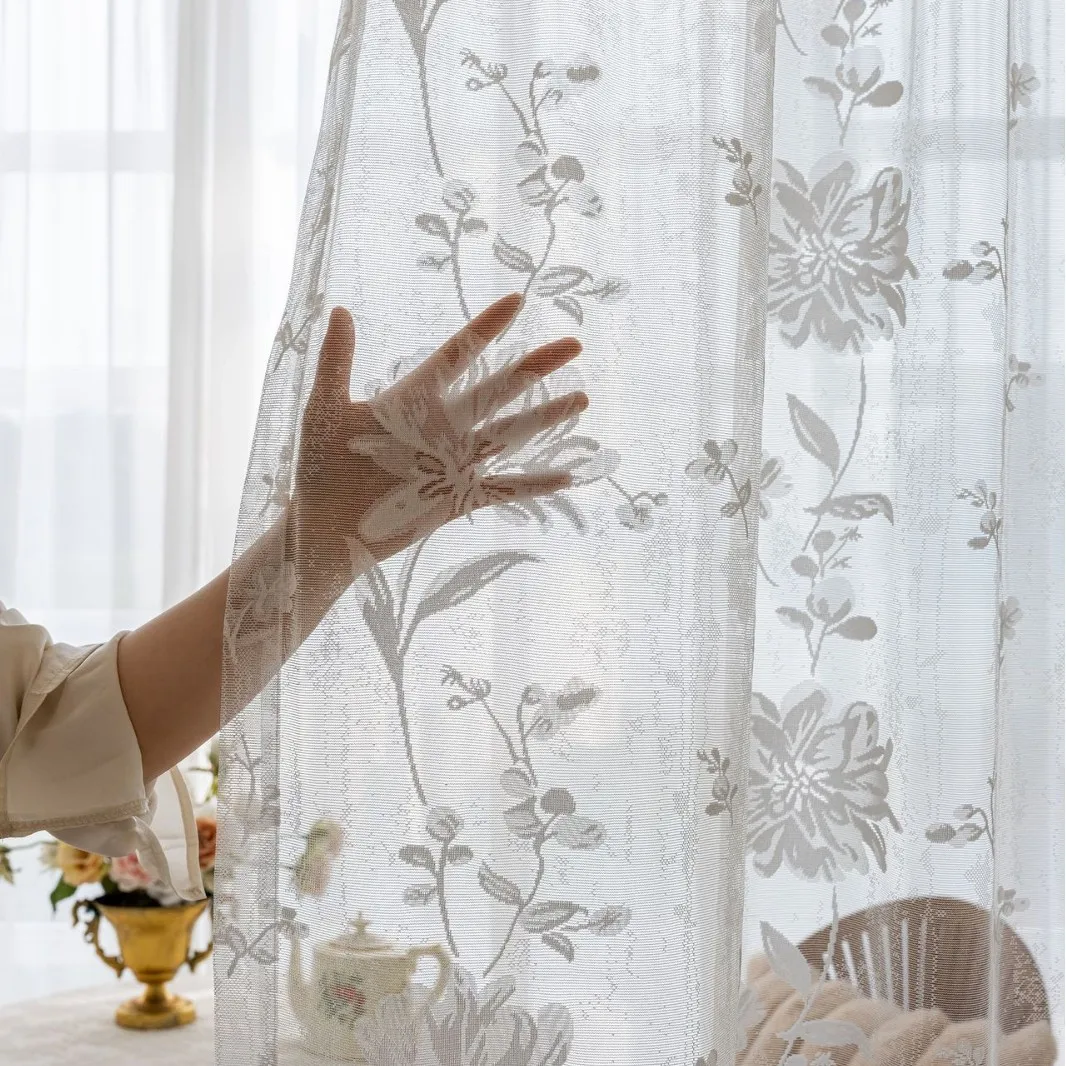 American Flowers Lace Window Translucent Tulle for Living Room Fabric Embroidered Customize Door Blackout Transparent High Shade