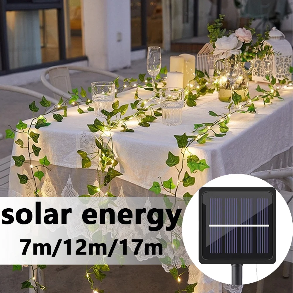 Guirnalda de Luces Solares para Exteriores de 7M/12M/17M, Guirnalda de Flores Artificiales de Hiedra, Ideal para Decoración de Jardín, Bodas, Navidad y Cercas
