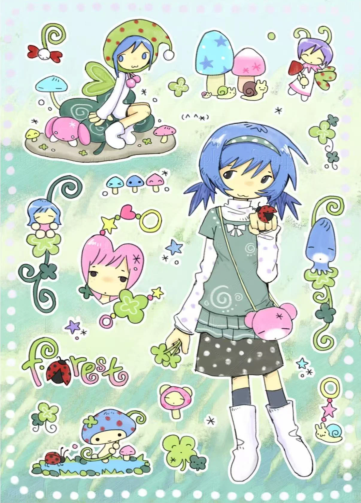 Doodle Maiden Kawaii Sticker Set | Low-Saturation Hand-Drawn Girls & Assorted Mini Motifs for Scrapbook Crafting