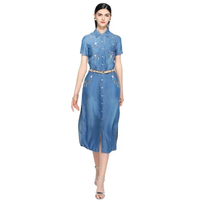

new summer casual Embroidery dress women elegant peter pan neck short sleeve denim dresses vestidos de verano women clothes 2019