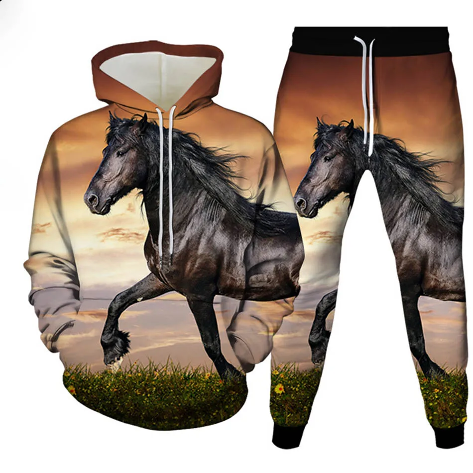 Autunno Animale Cavallo 3D Stampato Felpa con cappuccio Vestito da uomo Felpe Pantaloni sportivi Moda casual Due pezzi Tuta Set Abbigliamento uomo