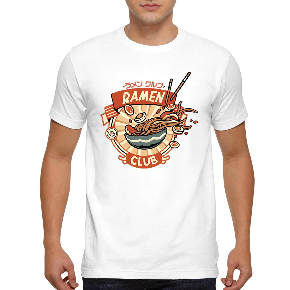 New Summer Mens 100% Cotton T Shirt Ramen Club Japanese Noodle Bowl Vintage Badge Print Breathable Short Sleeve Daily Wear