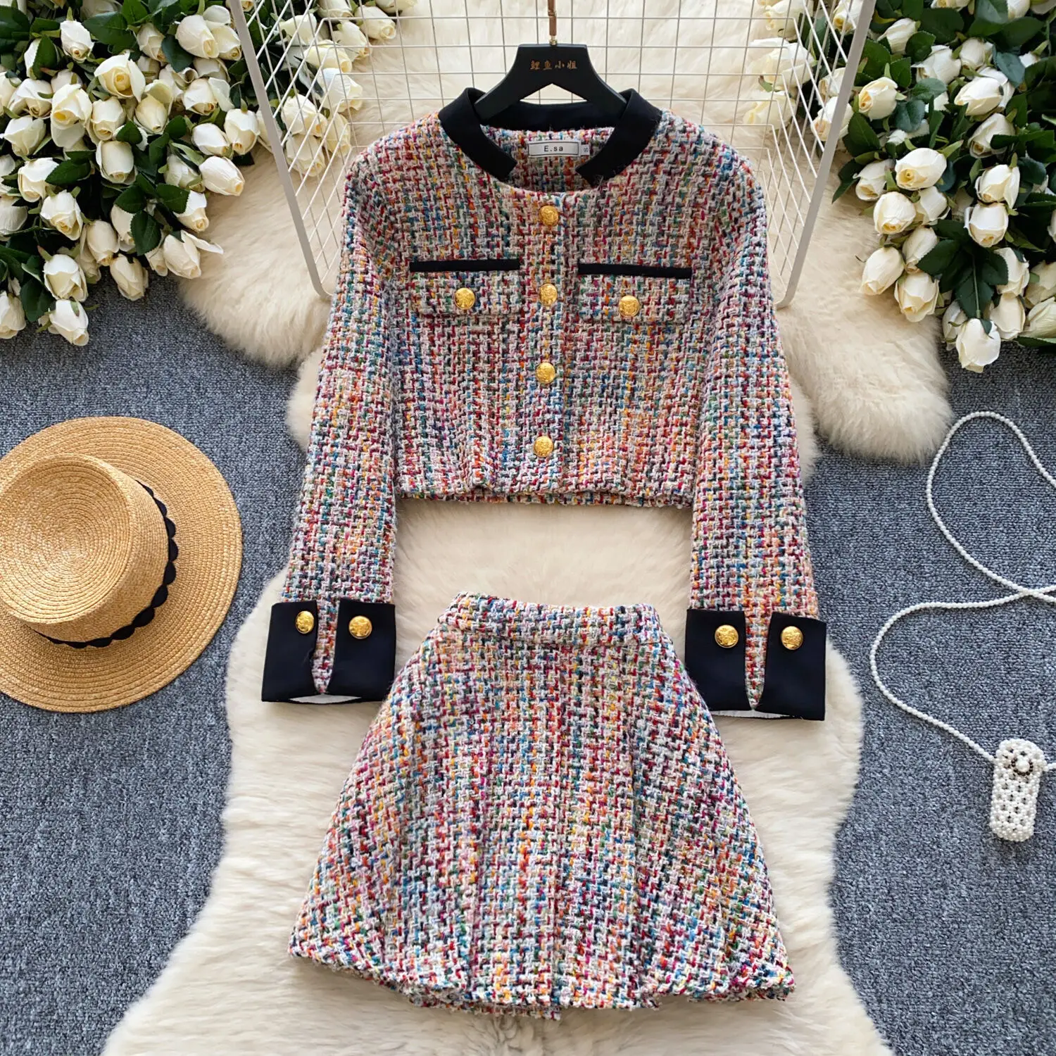 High Quality French Tweed Two Piece Set Lady Sweet Fashion Short Jacket Coat + Skirt 2 Piece Sets Women Outfit Conjuntos Cortos