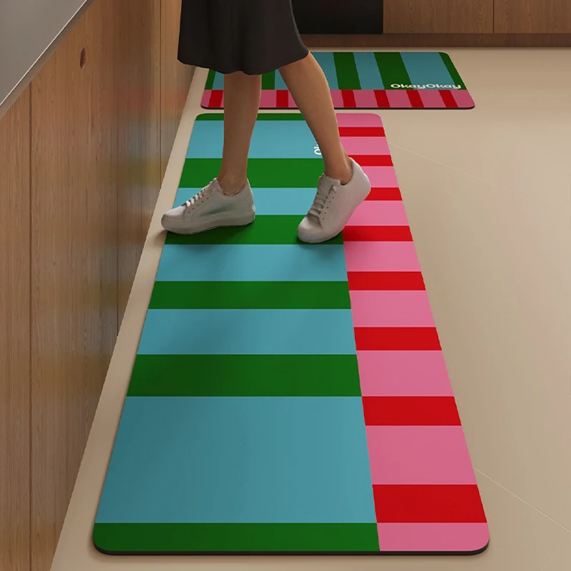 Kitchen Carpet Colorful Striped Rug Anti-slip Oil-proof Floor Mat PVC Leather Waterproof Mats Long Strip Home Decoration Carpets