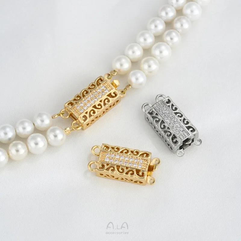 14K Bag Gold Inlaid Zircon Rectangular Double-breasted Buckle DIY Handmade Pearl Necklace Bracelet Jewelry Buckle Accessories