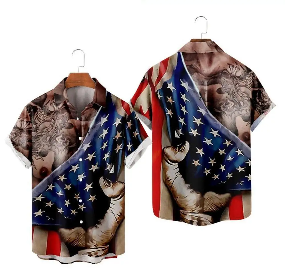 Camisa havaiana masculina de manga curta, bandeira americana, impressa em 3D, camisa elástica de quatro lados, novo, 2023