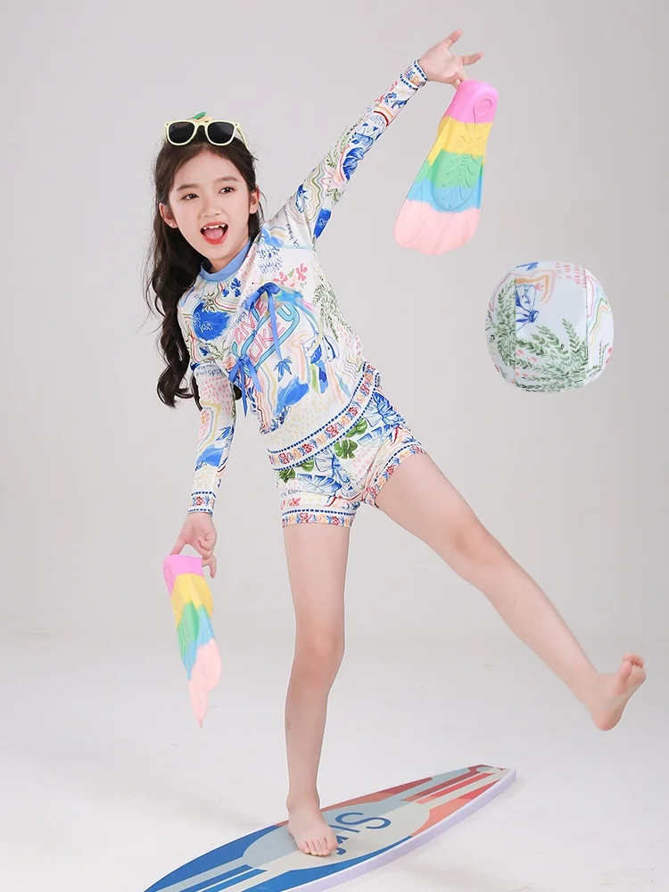 

Летний комплект красивых купальников 2026 года для девочек и подростков: раздельный купальник с длинным рукавом, милая детская одежда для малышек