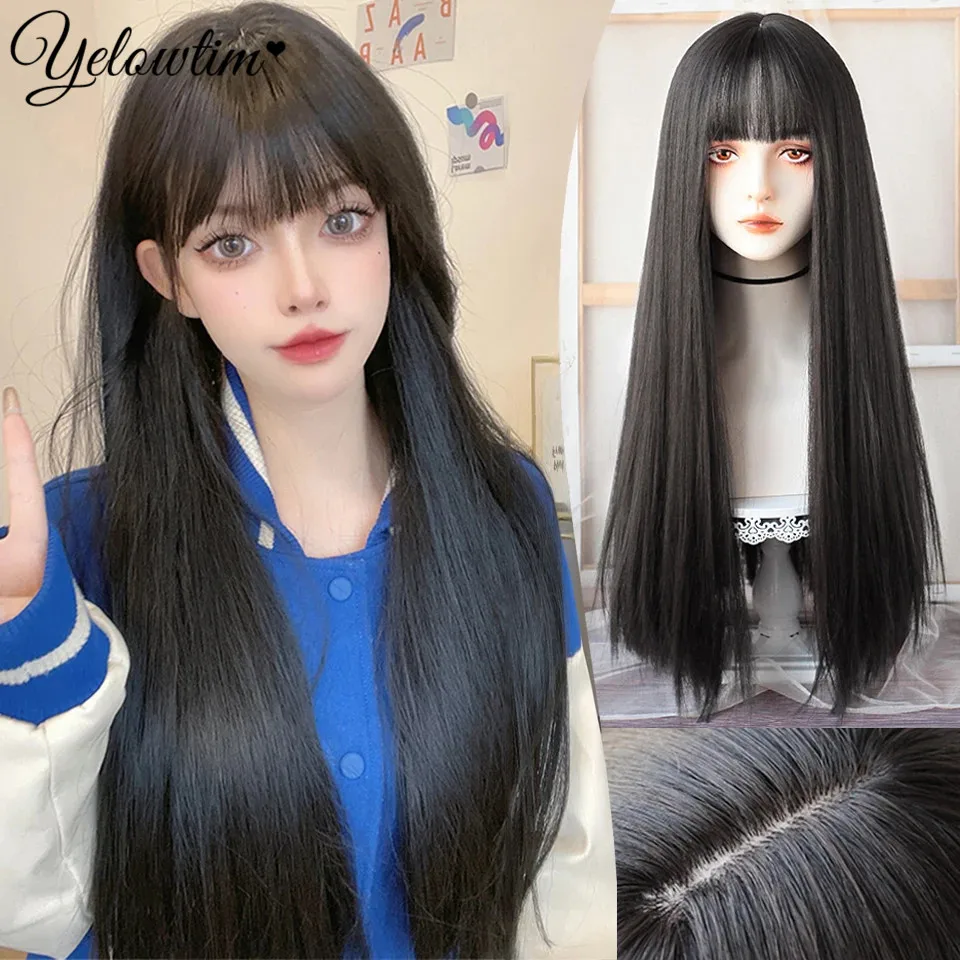 YELOWTIM-Perruque synthétique lisse noire pour femme, cheveux naturels longs, 03/Cosplay, degré de chaleur