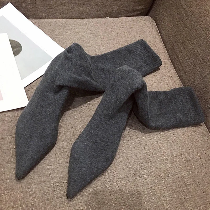 Liyke Autumn Winter Cozy Thigh High Sock Boots Women Black Stretch Fabric Pointed Toe Thin Low Heels Over The Knee Slip On Shoes