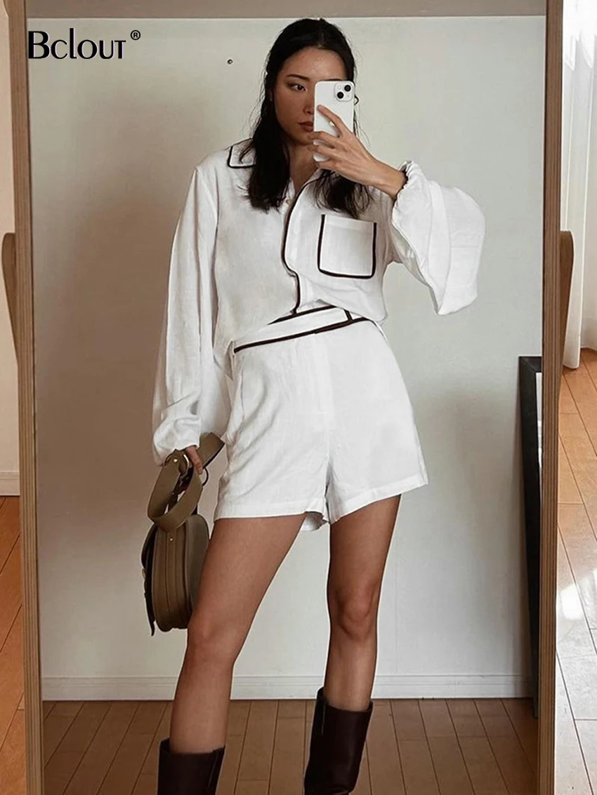 Bclout Summer Patchwork Linen Shorts Sets Womens 2 Pieces Fashion Lantern Sleeve Loose Blouses Vacation Thin Cotton Shorts Suits