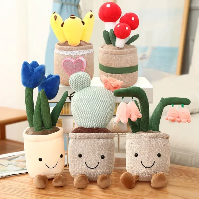 Lifelike Tulip&Succulent Plants Plush Stuffed Decor Toys Soft Bookshelf Decor Doll Creative Potted Flowers Pillow for Girls Gift