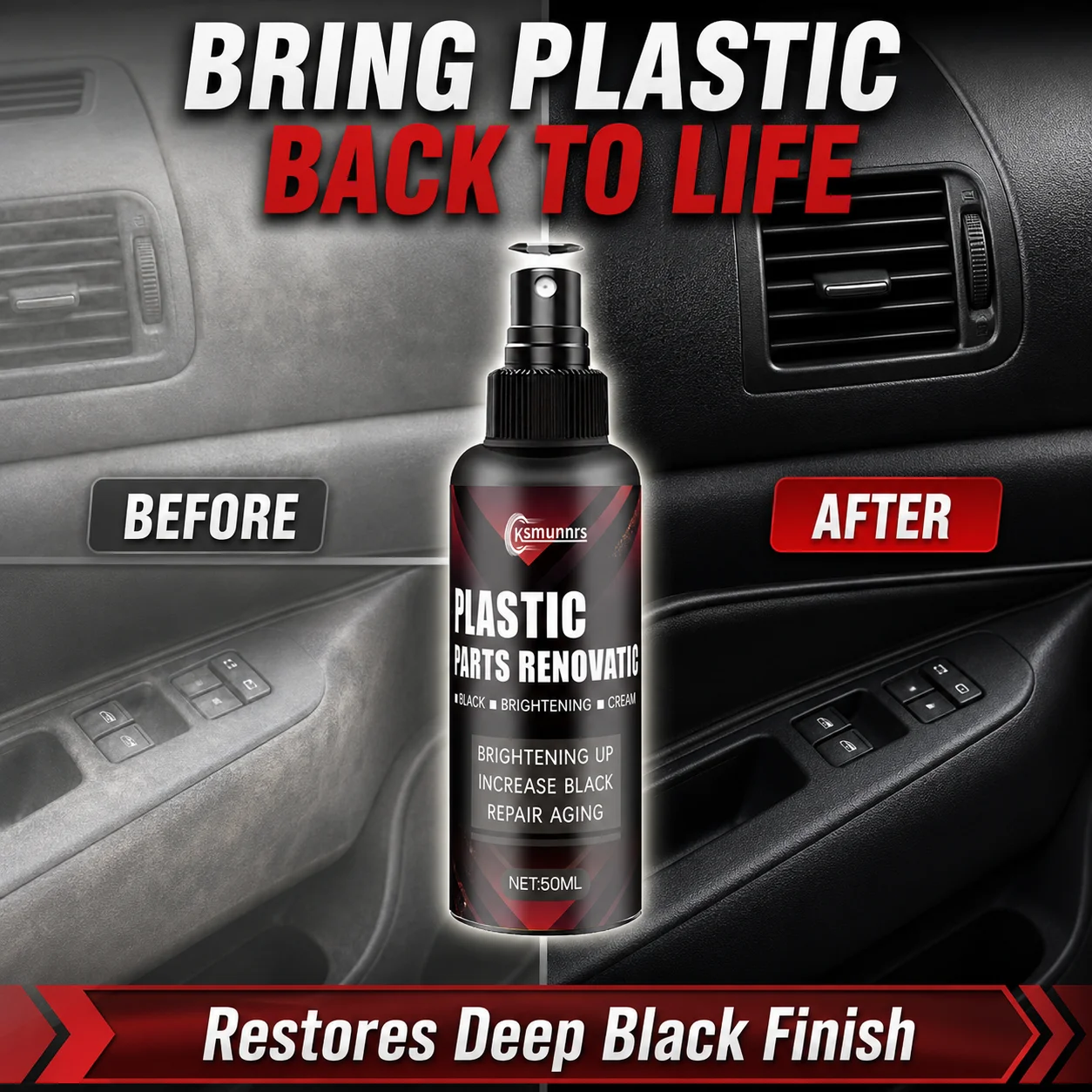 50ml Car Plastic Parts Renovation Coating Spray, Restore Deep Black Finish, Repair Aging Auto Interior Plastic