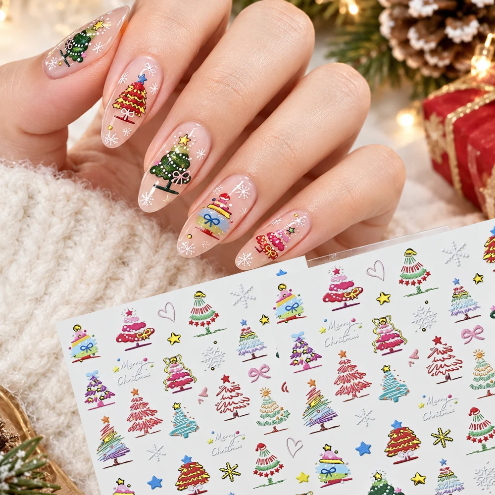 2Pcs 5D Christmas Nail Stickers Cute Hand Drawn Cartoon Xmas Tree Snowflake Nail Art Decals Y2K Winter Holiday Manicure Sliders