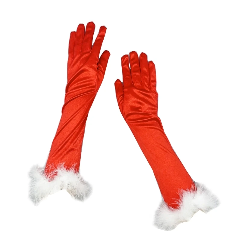 Y166 Teens Cosplay Santa Winter Gloves with Bells/White Cuffs Plush Keep Warm Gloves