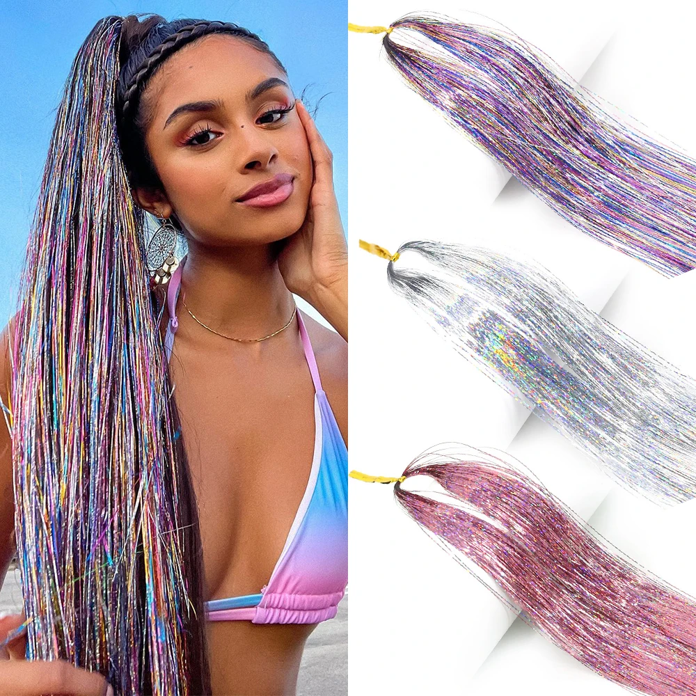 

LISI GIRL Shiny Sparkle Hair Tinsel 110cm Thin Colorful Rainbow Silk Hair Extensions Dazzles Women Hippie For Braiding Headdress