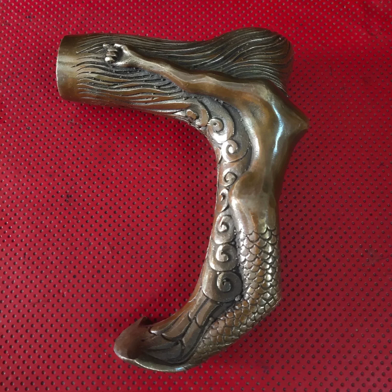 Old Handmade Carving Bronze Mermaid Statue Cane Head Walking Stick