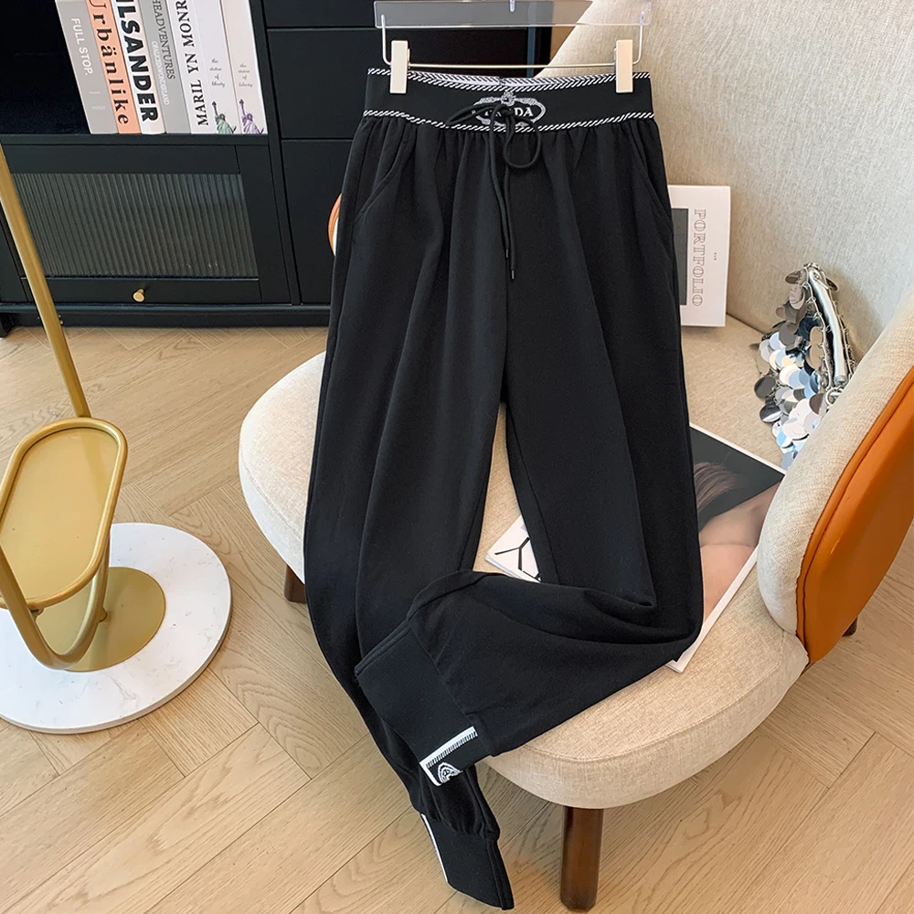 

Plus-size women's spring-fall casual commuting loose comfort sweatpants Black elastic high-waisted letter pocket pencil pants