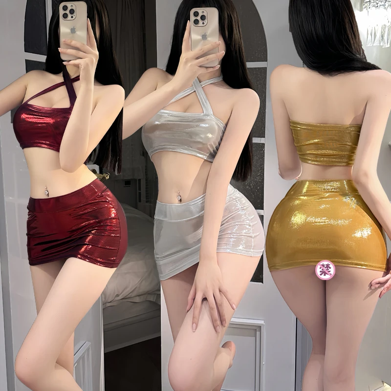

Club Night Sexy Gold Emed iny Cross Strap Bustier Tight Alluring Private orts Skirt Set Summer Faion Sexy Sle