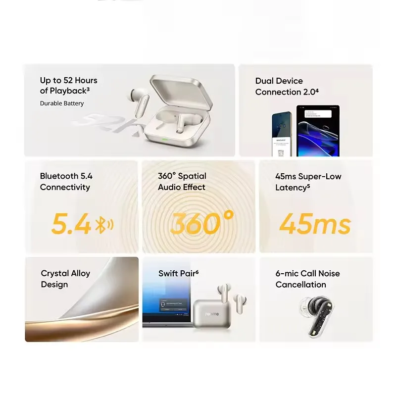 الأصلي Realme Buds Air 7 52dB نشط إلغاء الضوضاء صحيح سماعة لاسلكية 52 ساعة بطارية بلوتوث 5.4 TWS سماعة #4