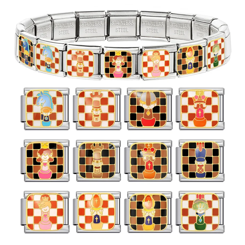 Colorful Stainless Steel Charms International Chess Italian Link Fit 9mm Trendy Bracelet Making DIY Female Male Jewelry Gifts
