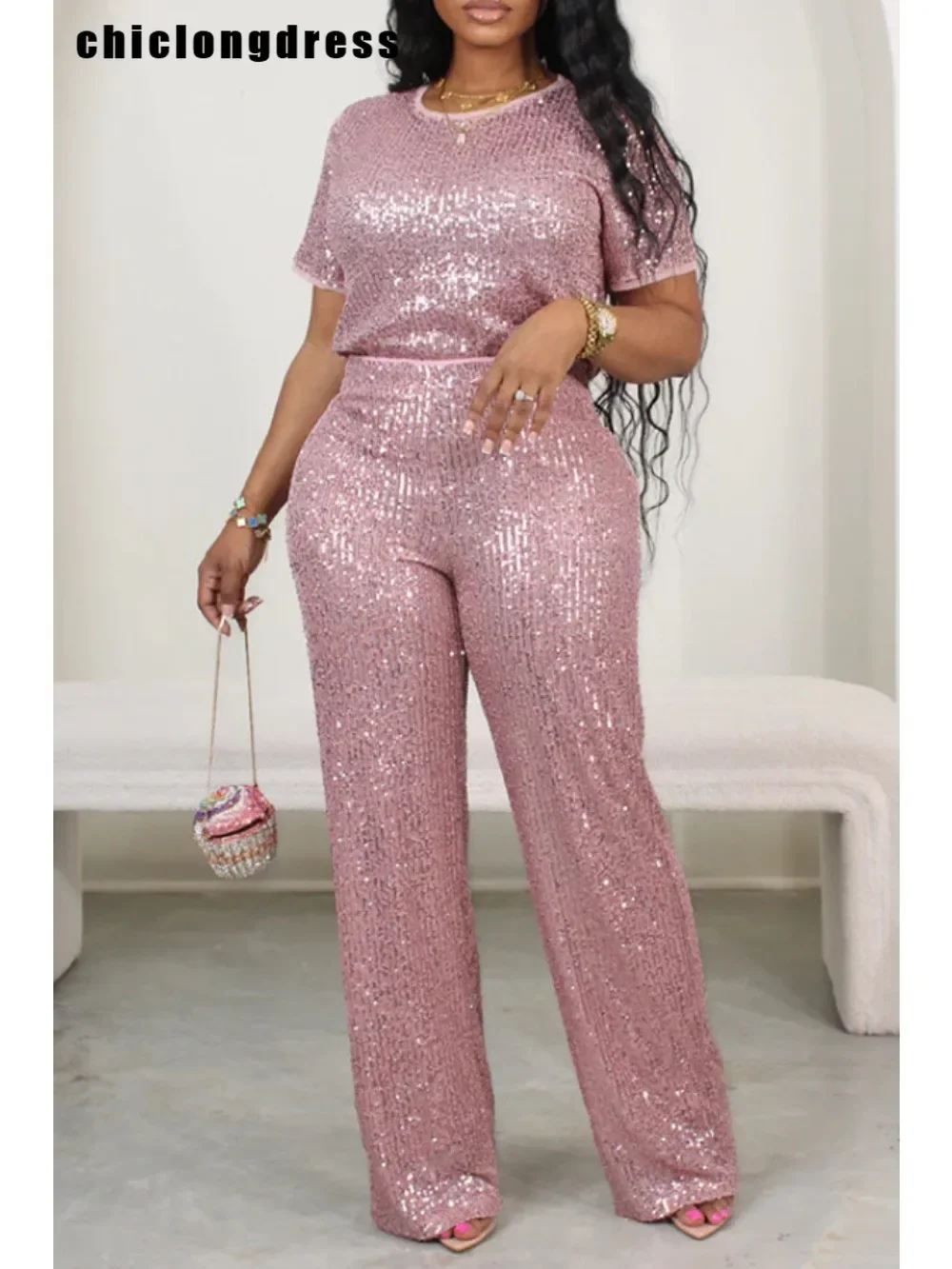 

Autumn Casual Sequin Two Piece Set for Womeb Fashion Solid Short Sleeved Tshirt Wide Leg Pants Sequin Two Piece Set Women