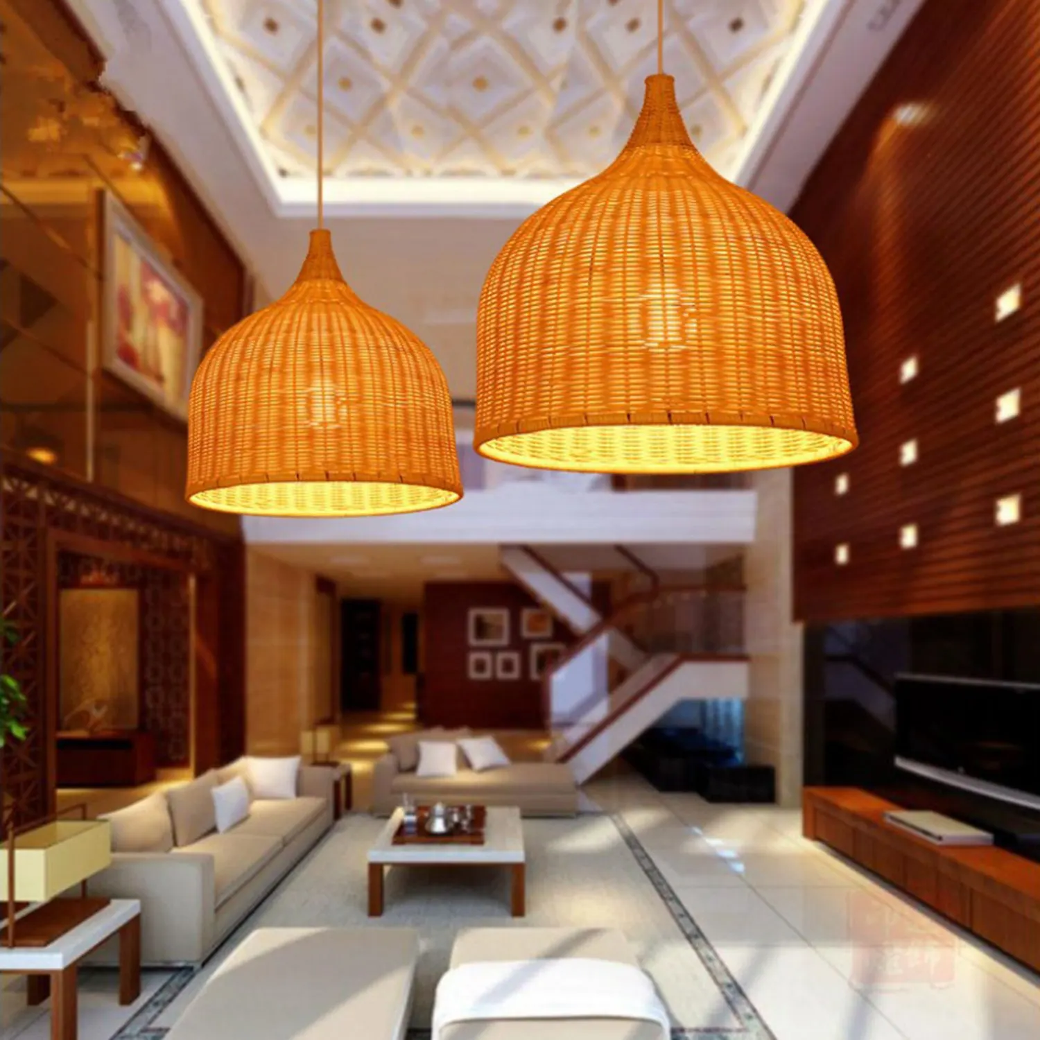 PZHI-Rattan Lamp Pendant Light Vintage Hanging Lamp Shades E27 Living Room Dining Room Decor Cafe Restaurant Hanglamp