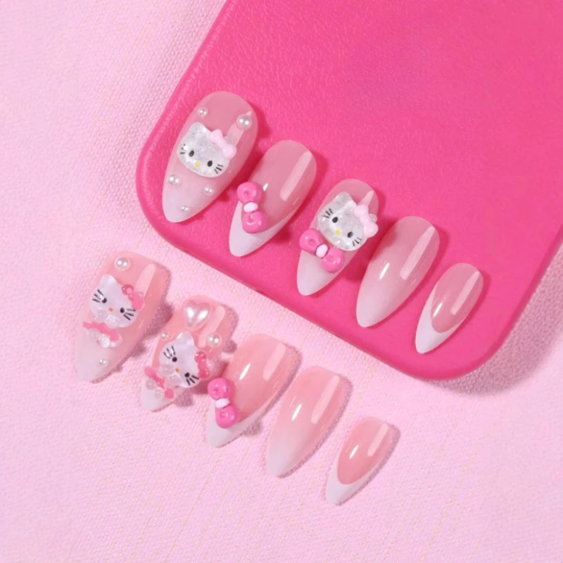 24pcs Almond Sanrio Nails Press On Cute 3d Hello Kitty Decoration Bow With Pearls French Tips Acrylic False Nails Set For Girls