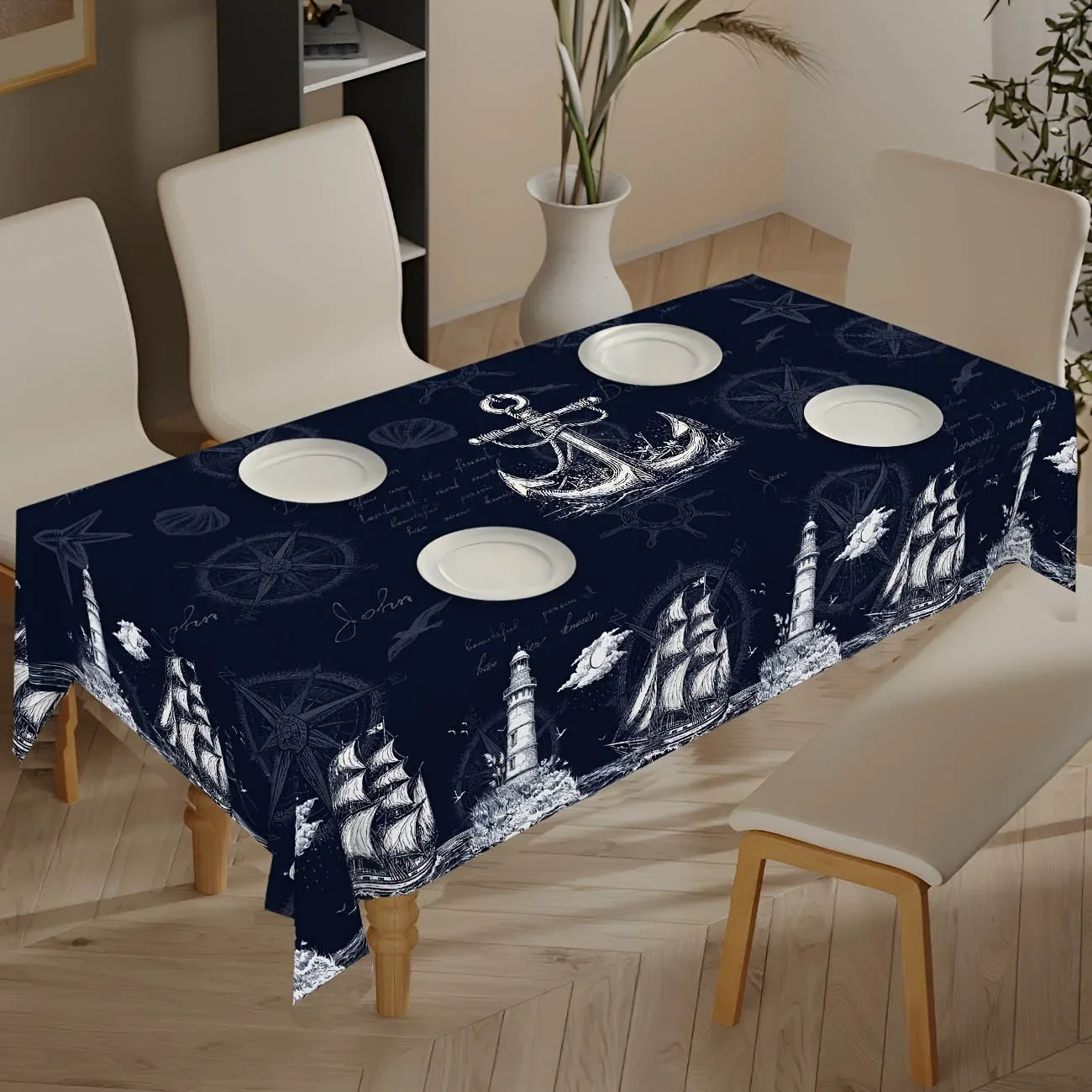 One 2D printed nautical-themed tablecloth in navy blue, featuring patterns of sailing ships, lighthouses, anchors yzb