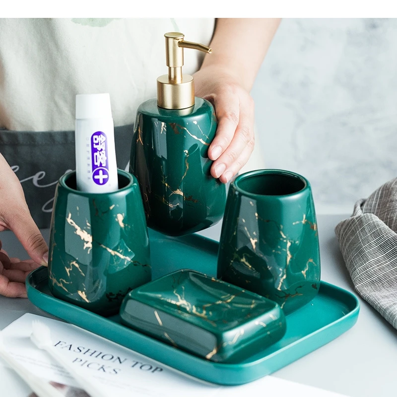 

Ceramic Glossy Marble Bathroom Accessory Set Washing Tools Bottle Mouthwash Cup Soap Toothbrush Holder Tray Home Hotel Wash