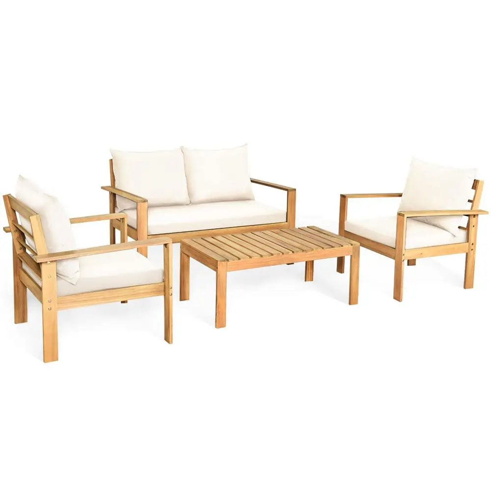 

Outdoor 4Piece Acacia Wood Chat Set, 4 Seater Acacia Wood Conversation Sofa and Table Set with Water Resistant Cushions, Teak F