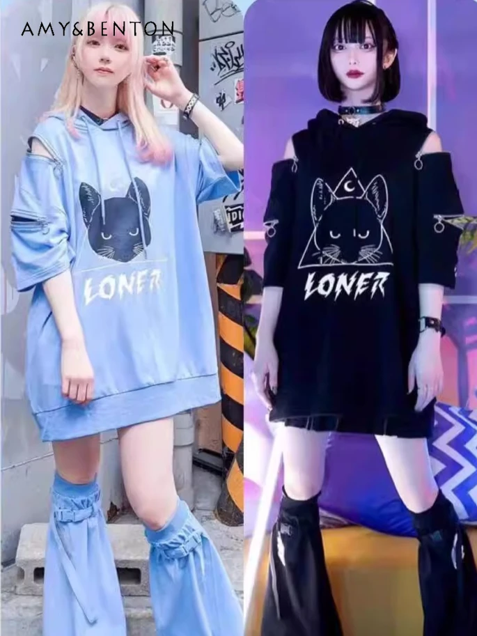 

Japanese Harajuku Subculture Dark Cat Claw Embroidery Zipper Short Sleeve Off-Shoulder Gothic Oversized Hoodies + Legwarmers