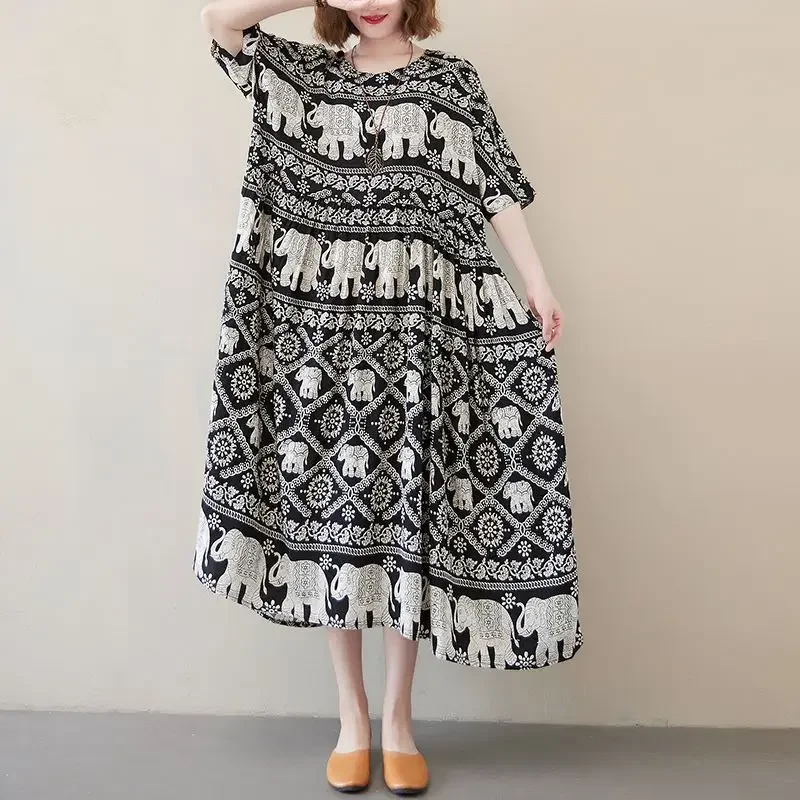 Summer ethnic style cotton and silk printed big swing dress, loose retro casual short-sleeved long dress