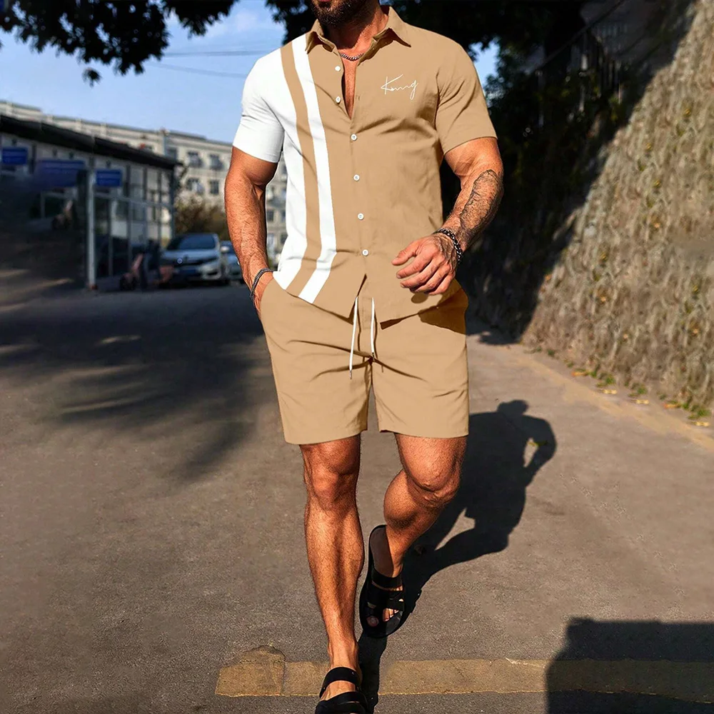 Striped Printed Shirt And Shorts Set Men's Elastic Waist Shorts 2 Piece Short Sleeve Button Down Shirt Vacation Beach Outfits