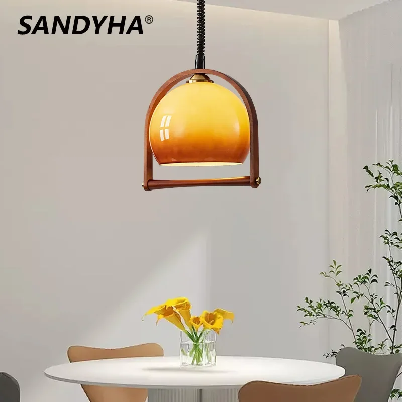 

SANDYHA Japanese Retro Small Pendant Light Bar Solid Wood Restaurant Chandelier Glass Lampshade Led Lamp Bedroom Decoration Home