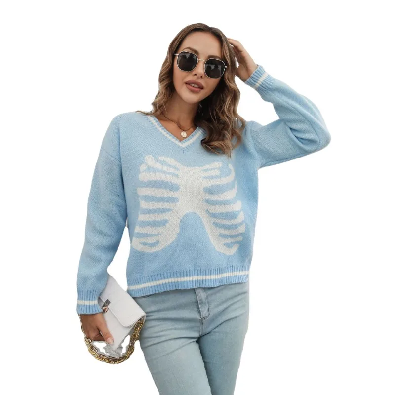 Jacquard V-neck Sweater Women's Loose Autumn and Winter Long Sleeved European and American Knit Sweater