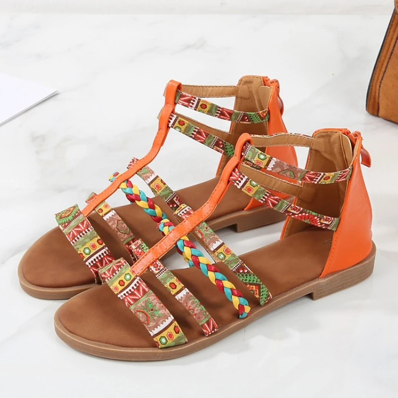 

Women's Sandals Retro Bohemian Color blocked One line Non slip Versatile Casual Soft Bottom Beach Travel Flat Shoes