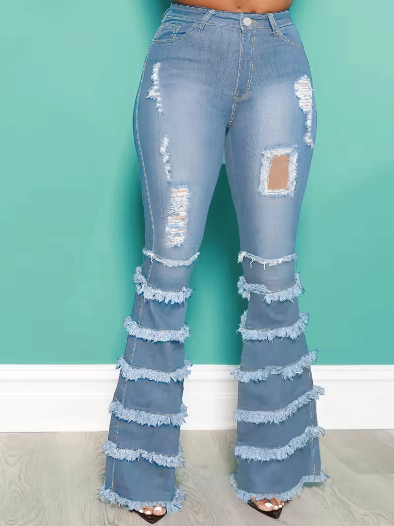 

Plus-size women's high-waisted jeans, retro ripped design, retro plus-size women's flared pants