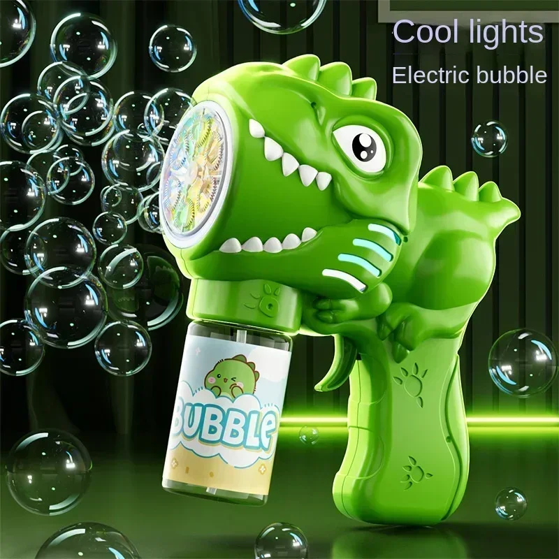 Máquina de bolhas de dinossauro com 6 buracos, pistola de bolhas totalmente automática com soprador de sabão automático leve, brinquedos de jogo ao ar livre
