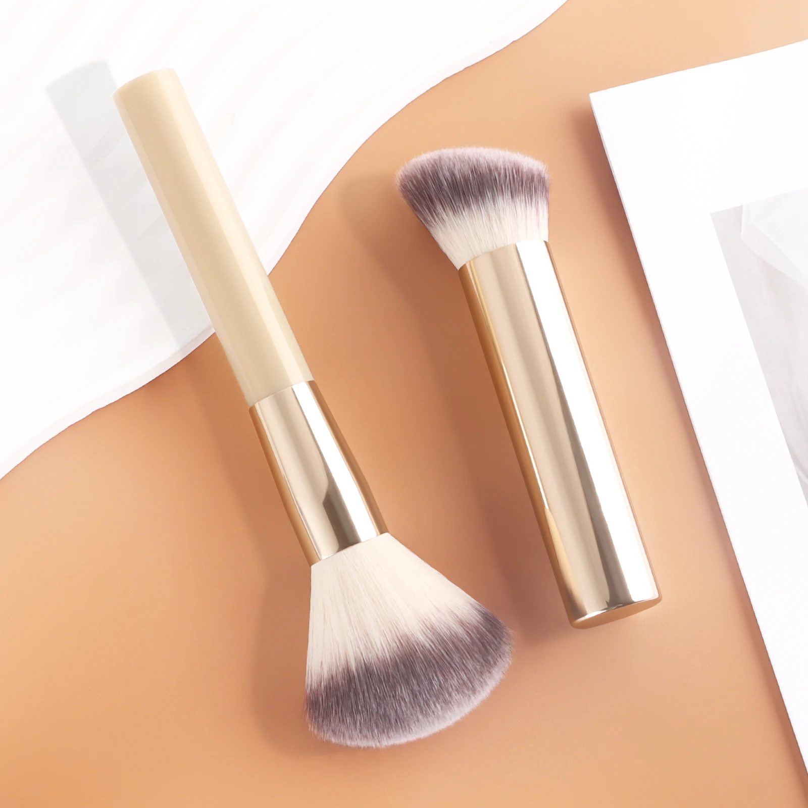 Round Head Loose Powder & Contour Brush 2Pcs Set, Fiber Bristle Face Setting Brush, Portable Large Head Foundation Brush