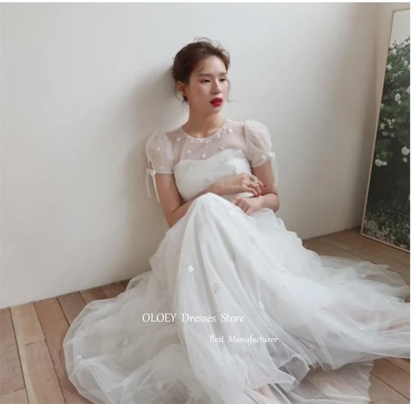 OLOEY Vintage Tulle A Line Korea Wedding Dresses Photoshoot O-Neck Short Sleeves Floor Length Bridal Gowns Corset Back